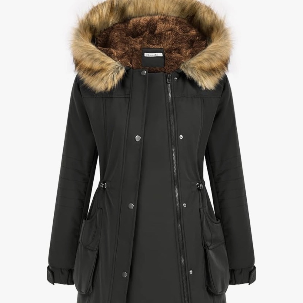 Women's Black Maternity/post partum Faux Fur Hooded Parka